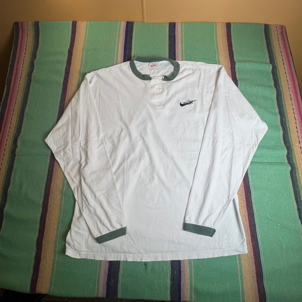 Nike Henley Ringer Shirt Mens XL White Green Vintage 90s Long Sleeve Distressed
